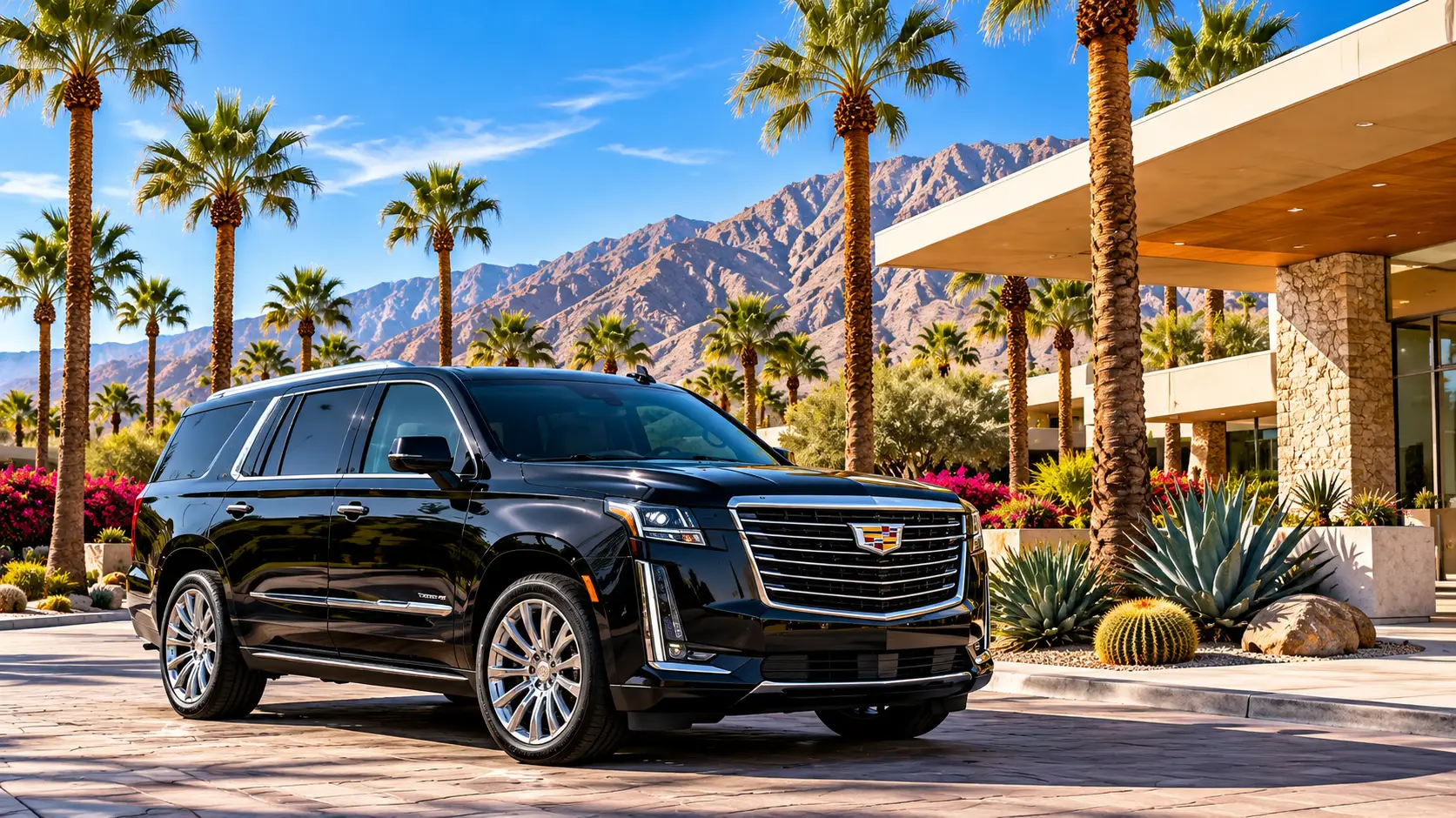 Black Cadillac Escalade SUV outside a Palm Springs-style luxury resort with palm trees and desert mountains