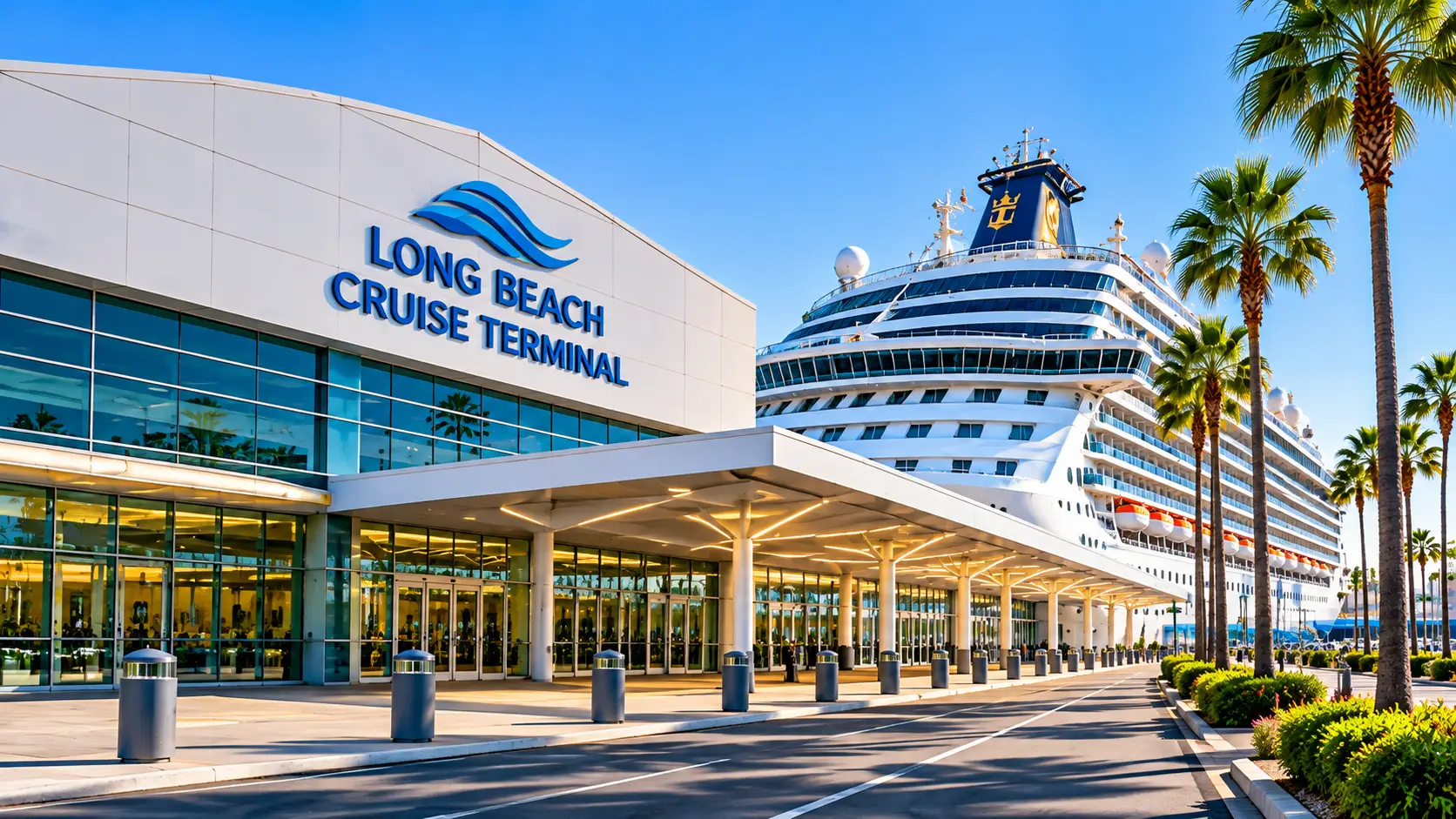 Long Beach Cruise Terminal entrance with a cruise ship and palm trees in Long Beach, California
