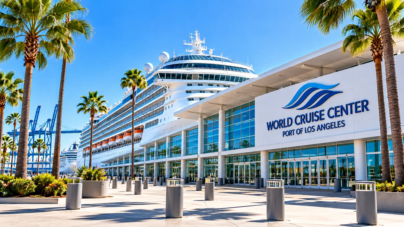 San Pedro World Cruise Center terminal with cruise ship and palm trees in Los Angeles