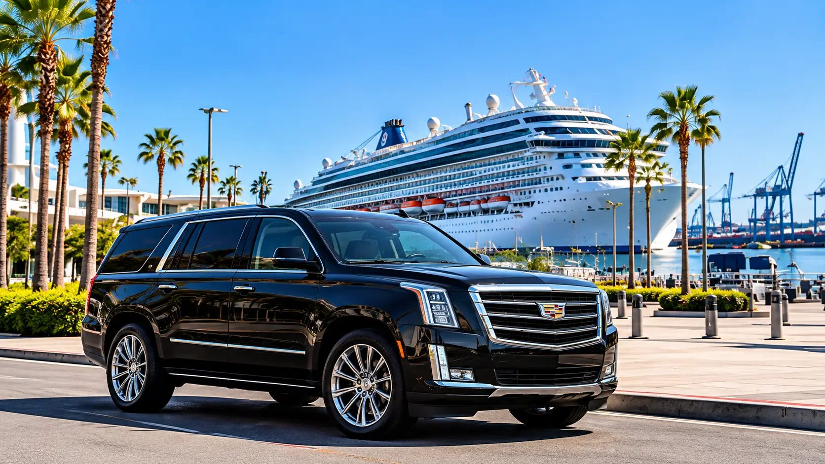 Black Cadillac Escalade SUV providing private cruise port transportation with a cruise ship in the background