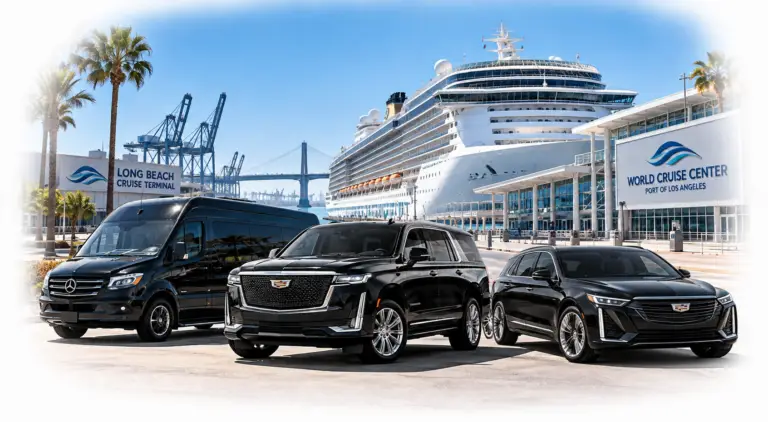 Black luxury Sprinter van, Cadillac Escalade and Cadillac Lyriq at a cruise terminal with a cruise ship