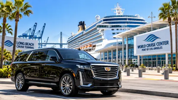 Black Cadillac Escalade SUV at a Los Angeles cruise terminal with a cruise ship in the background