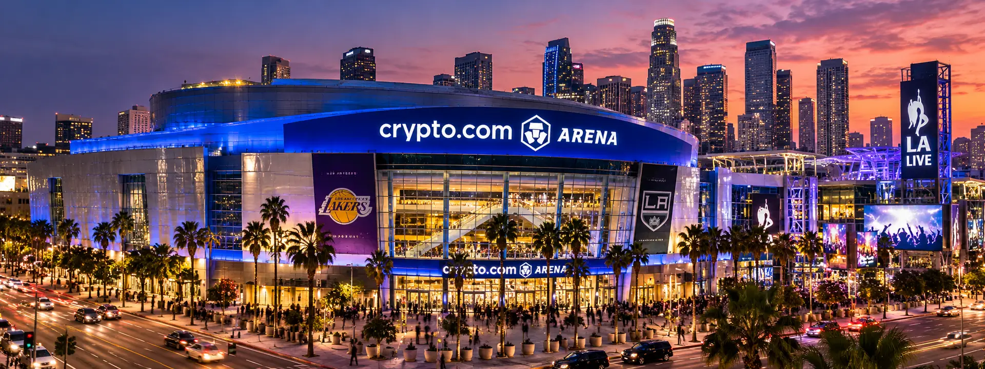 AI-generated illustration of Crypto.com Arena and LA Live in Downtown Los Angeles at sunset