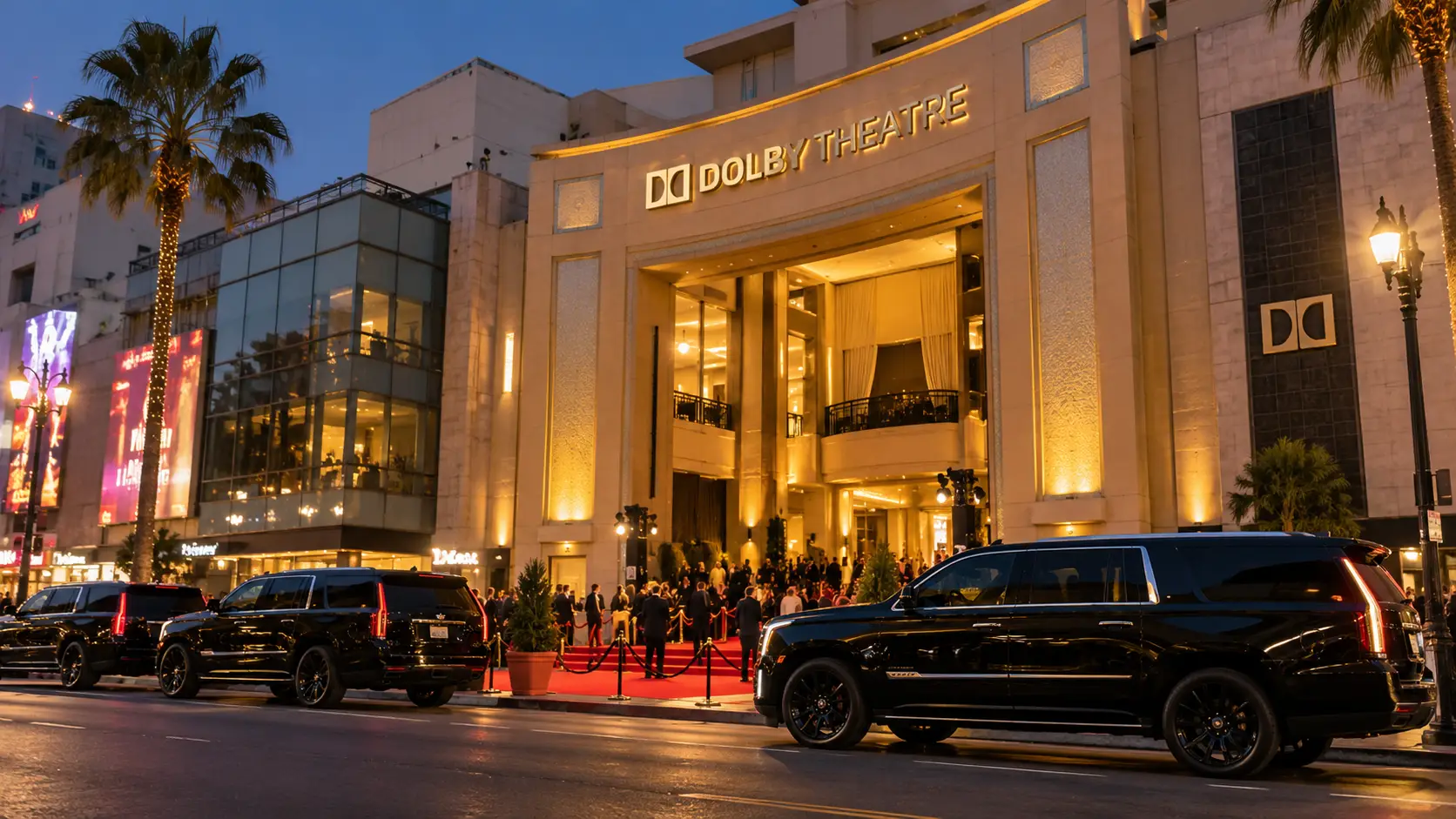 Dolby Theatre in Los Angeles at dusk with black luxury chauffeur vehicles.