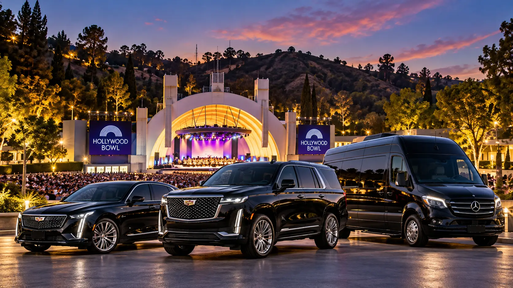Hollywood Bowl transportation with luxury Cadillac sedan, Escalade SUV, and Mercedes-Benz Sprinter van