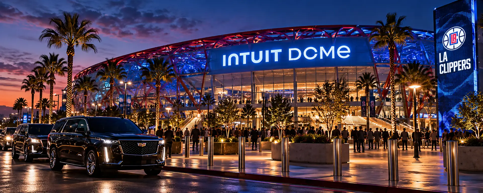 Intuit Dome in Inglewood, California, at dusk with luxury chauffeur SUVs