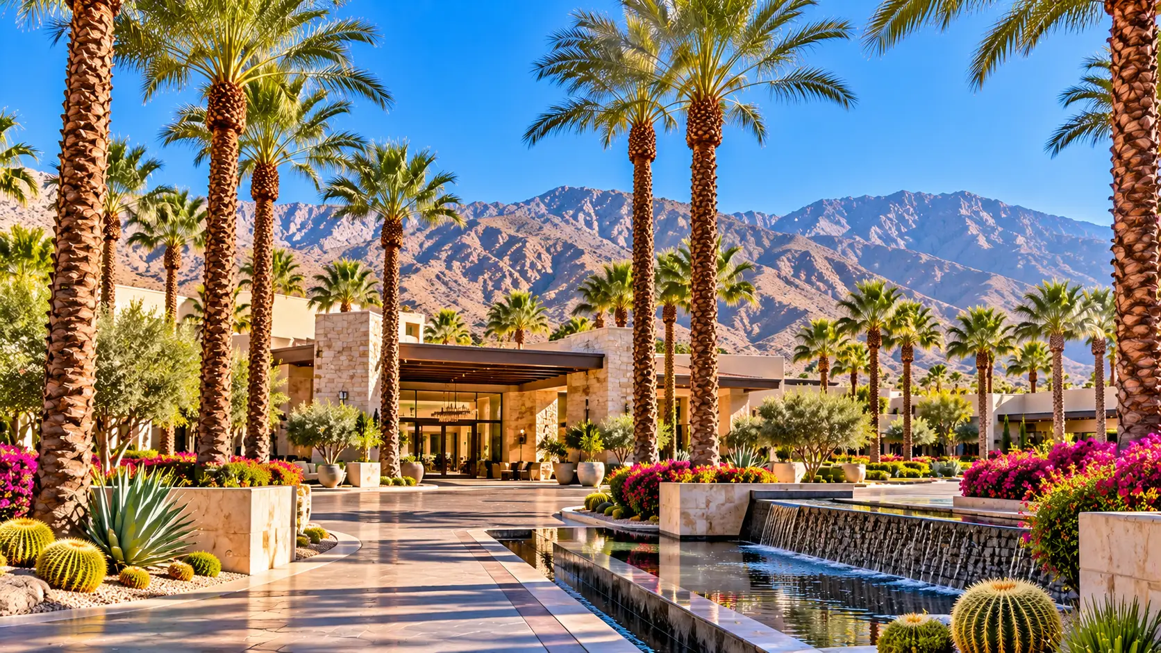 Luxury desert resort entrance with palm trees, water features, and mountains representing Palm Desert and Rancho Mirage