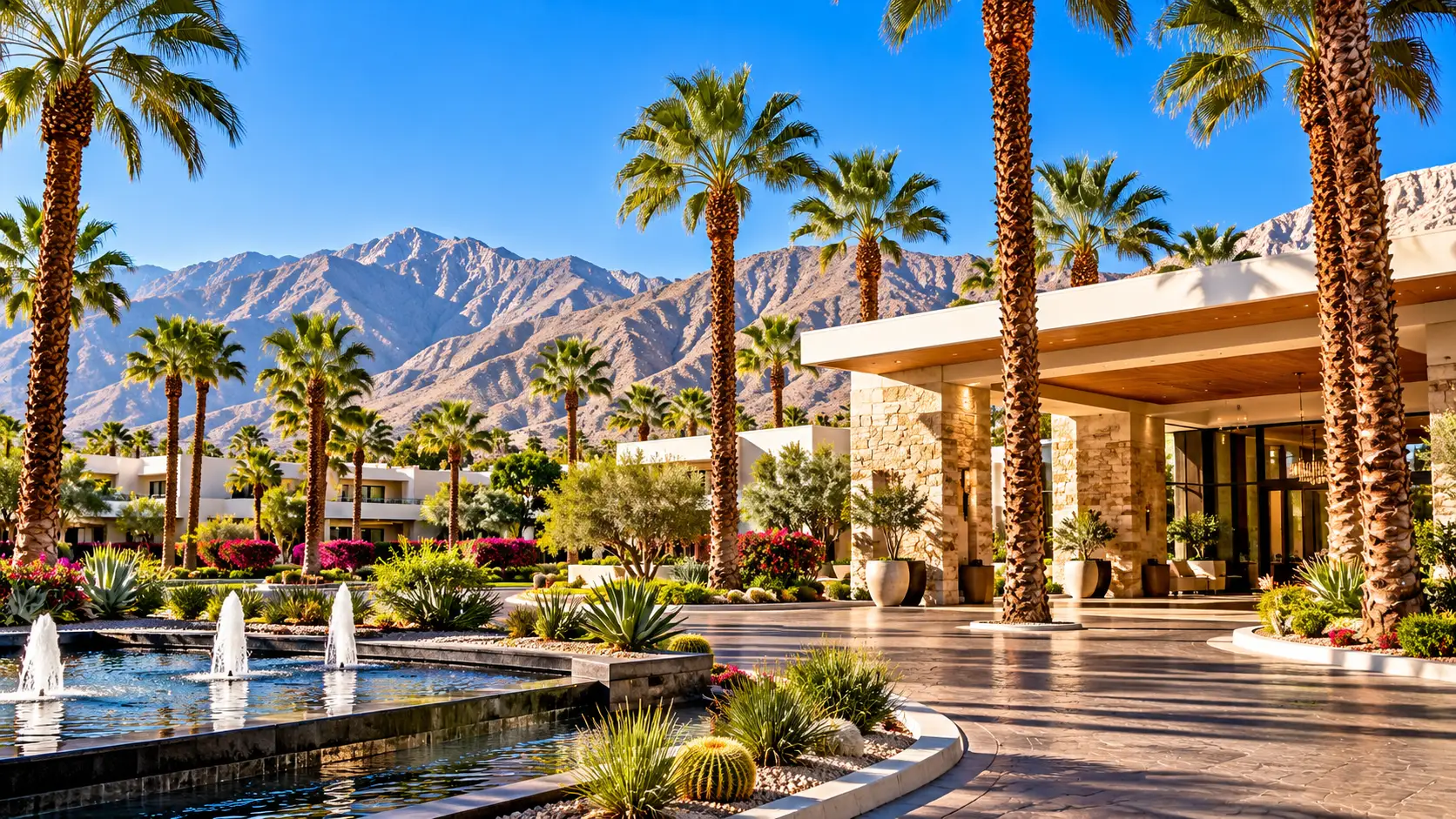 Luxury Palm Springs-style resort entrance with palm trees, fountains, and desert mountains