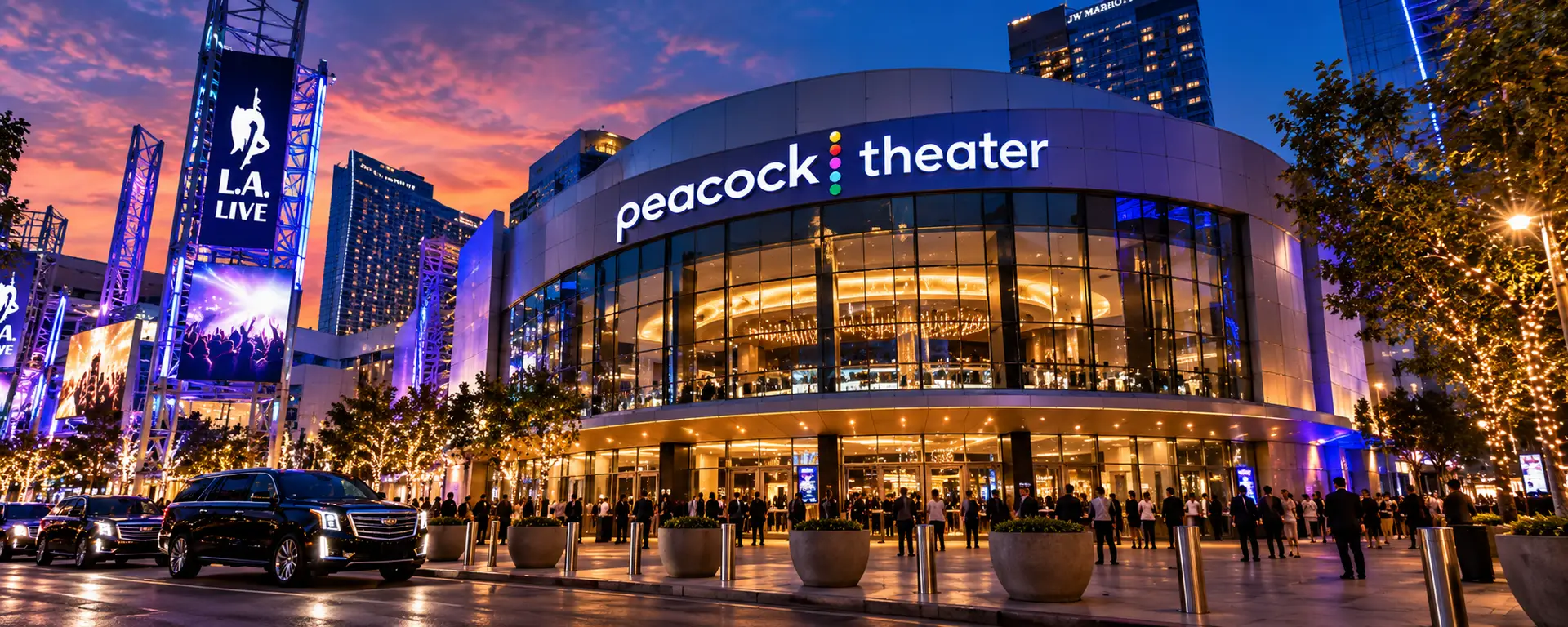 AI-generated illustration of Peacock Theater at L.A. LIVE in Downtown Los Angeles at sunset