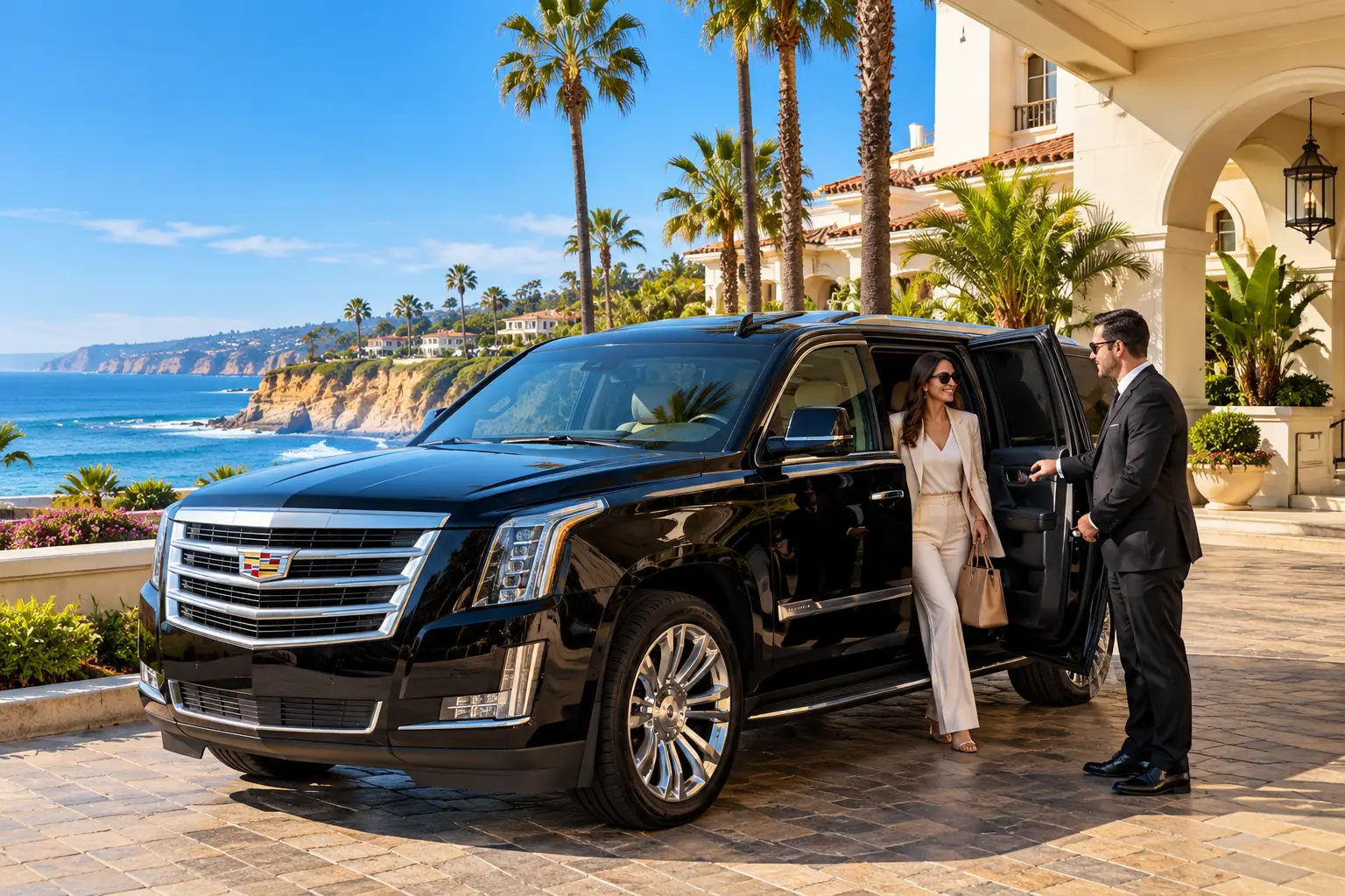 Black Cadillac Escalade with professional chauffeur at a luxury coastal resort, representing private LAX to San Diego transportation.