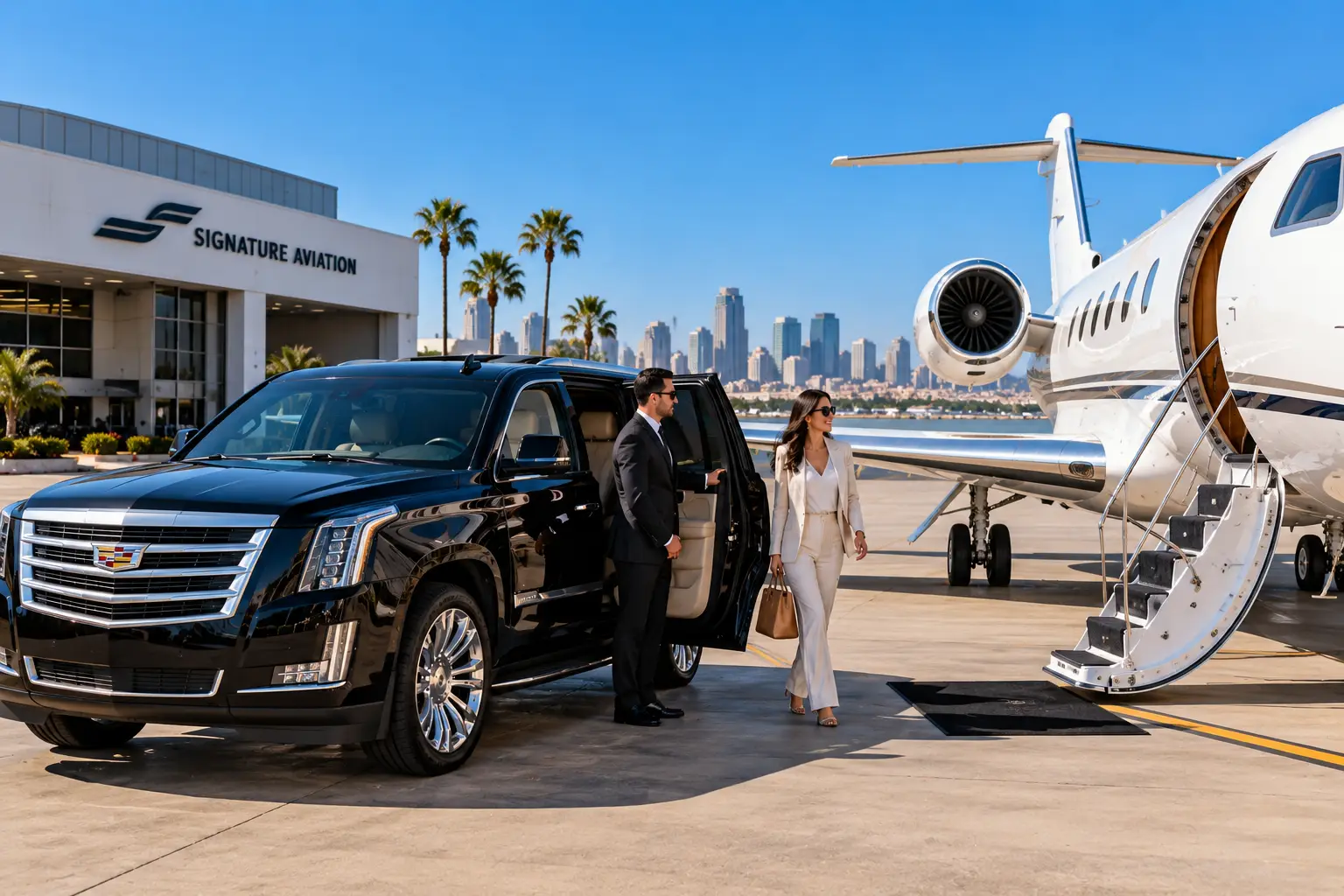Black Cadillac Escalade with professional chauffeur and private jet at an FBO, illustrating luxury private aviation transportation in San Diego.