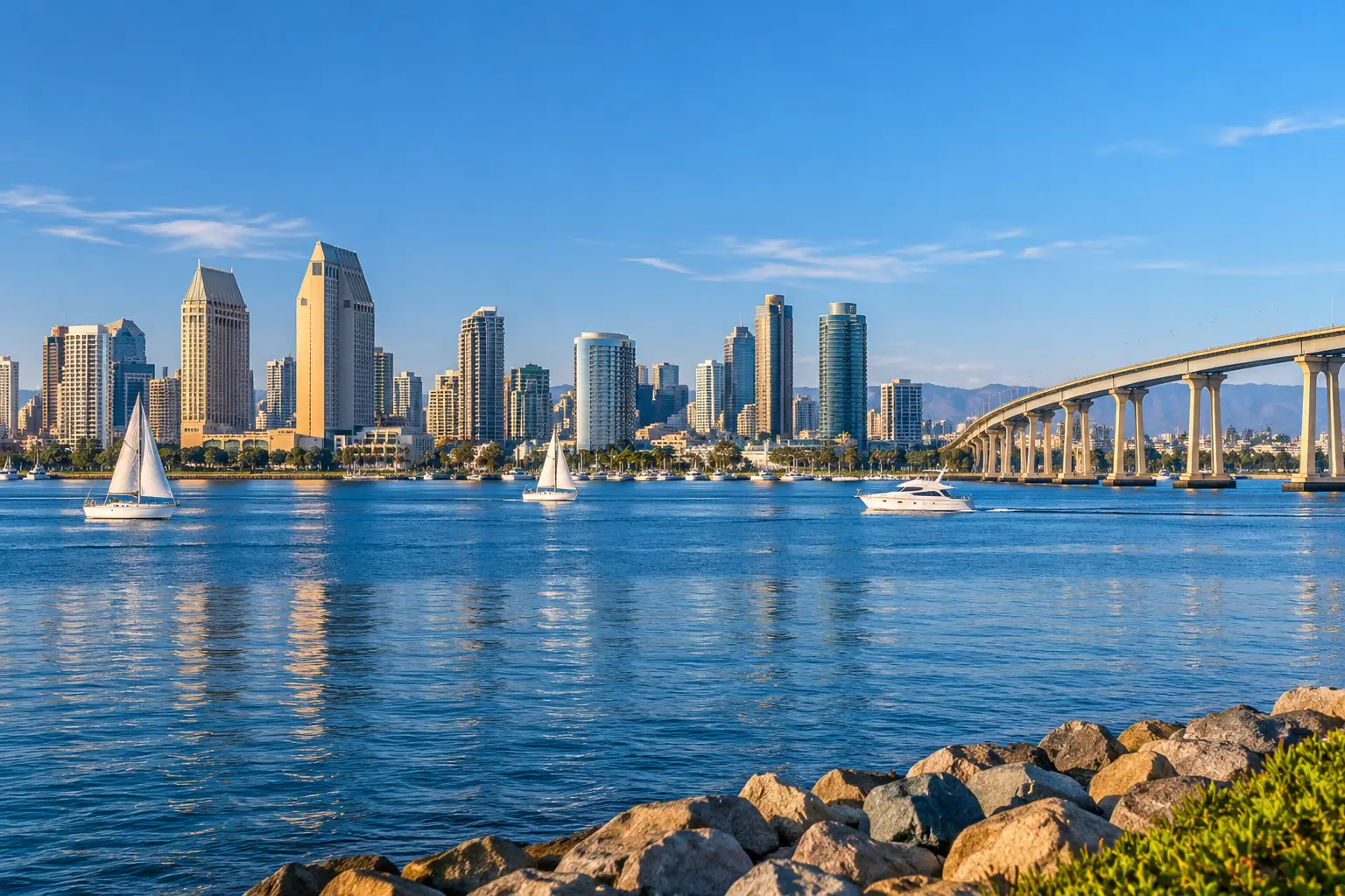San Diego waterfront skyline and Coronado Bridge representing private chauffeur transportation between LAX and San Diego