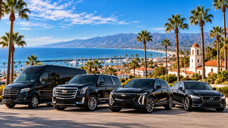 Santa Barbara to LAX luxury car service featuring Mercedes-Benz Sprinter, Cadillac Escalade, Cadillac LYRIQ, and Volvo S90