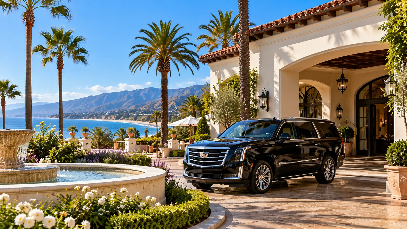 Black Cadillac Escalade at a luxury coastal resort entrance, representing private chauffeur transportation between LAX and Santa Barbara hotels and resorts
