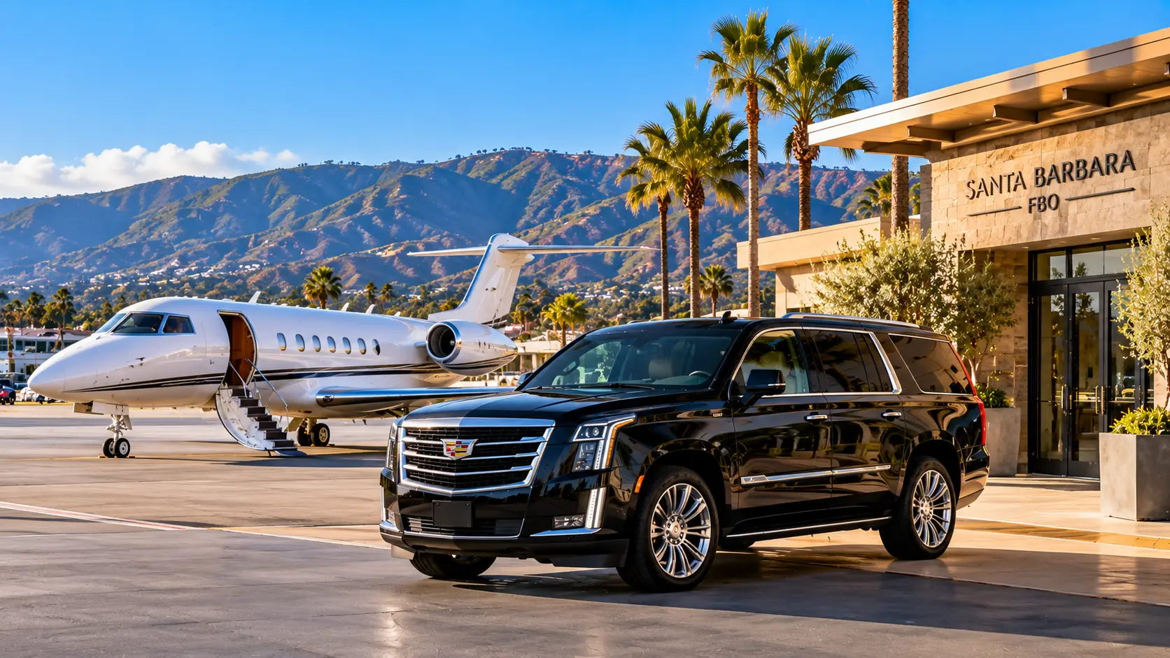 Black Cadillac Escalade parked beside a private jet at a Santa Barbara-style FBO, representing luxury private aviation chauffeur transportation by Modern Limousine Service.