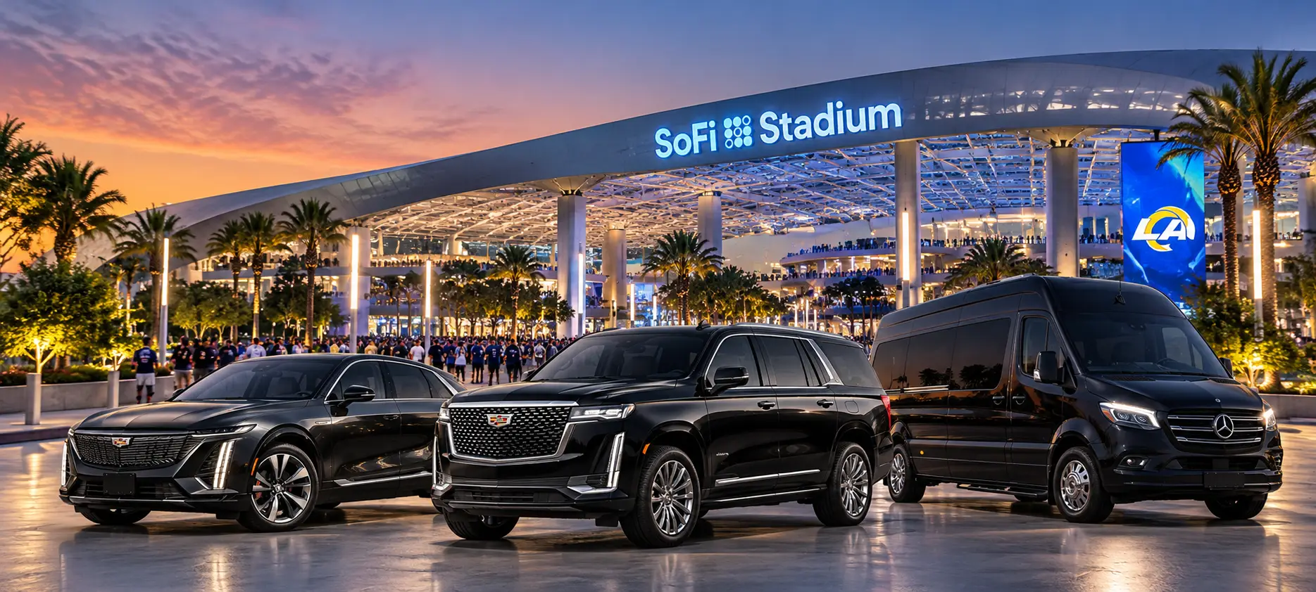 Luxury SoFi Stadium transportation featuring a black Cadillac Lyriq, Cadillac Escalade, and Mercedes-Benz Sprinter van