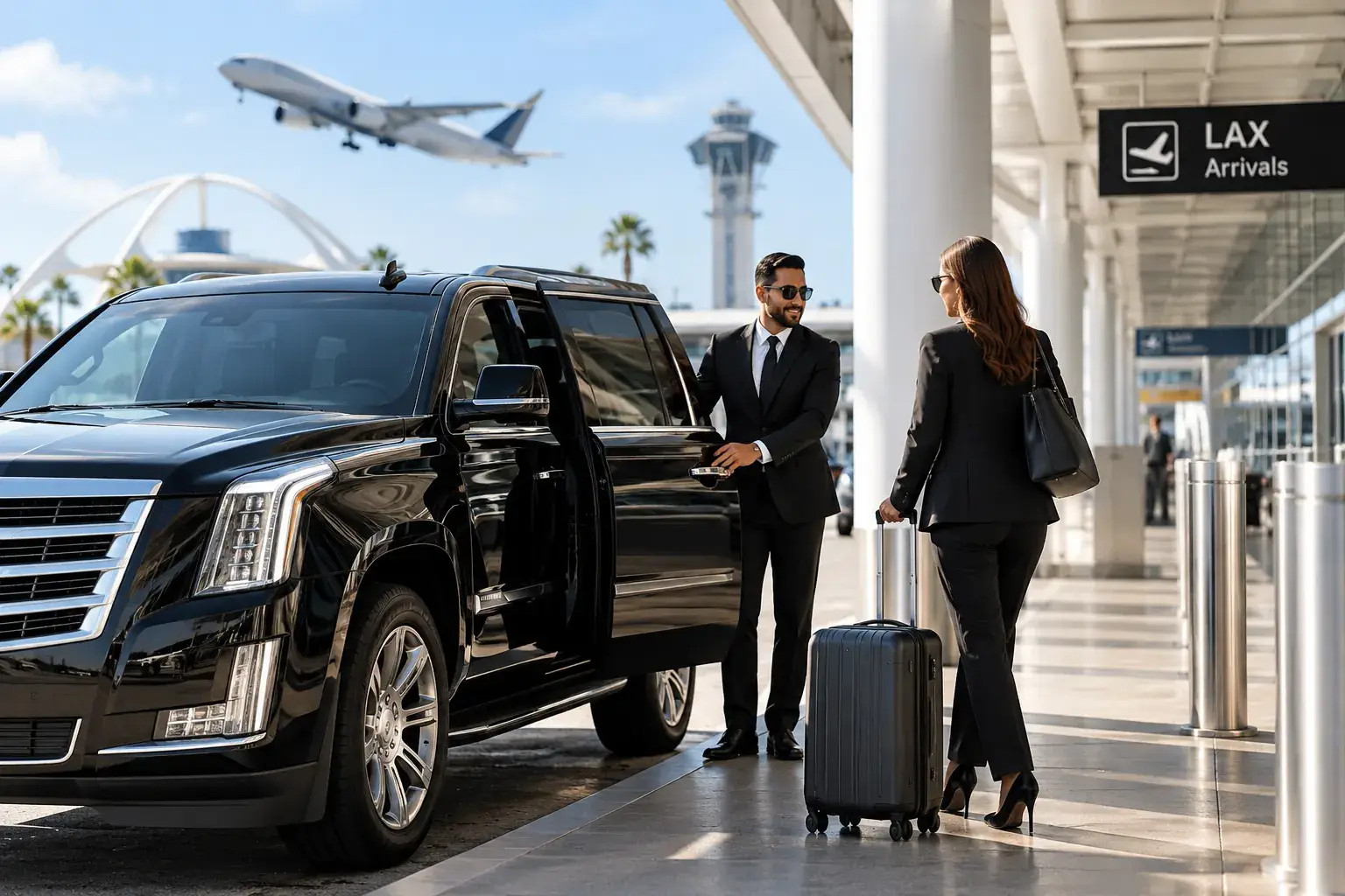 Executive airport car service in Los Angeles featuring a black luxury SUV and professional chauffeur