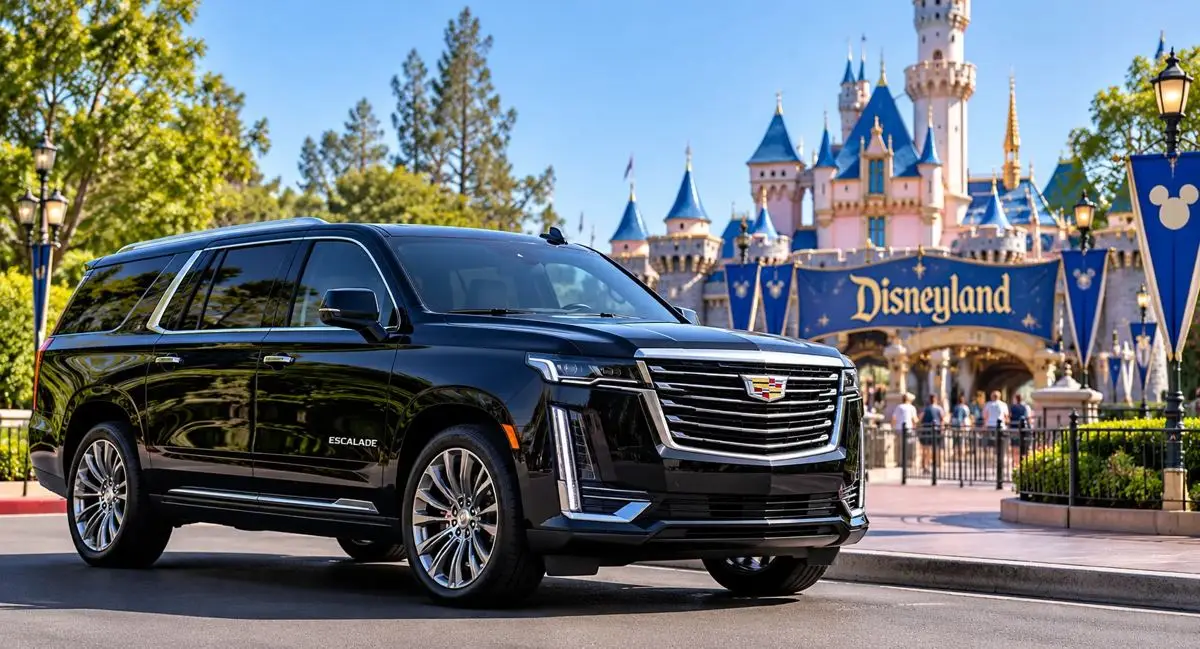 Black Cadillac Escalade with Disneyland Castle in the background