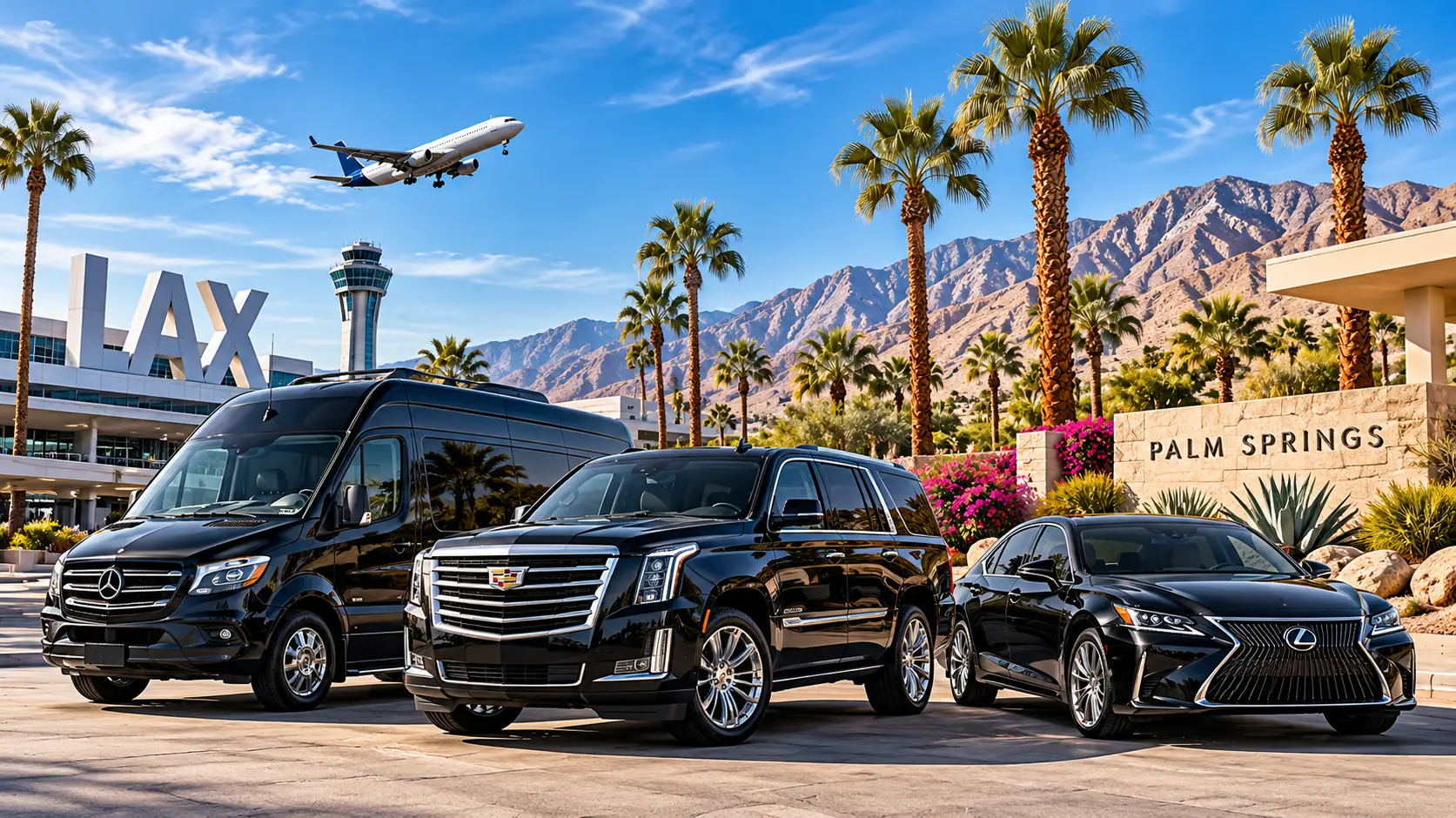 Luxury Sprinter van, Cadillac Escalade SUV, and sedan representing private car service between LAX and Palm Springs